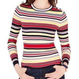 Tommy Hilfiger Striped Ribbed Sweater Button Shoulder Red Yellow Black Large
